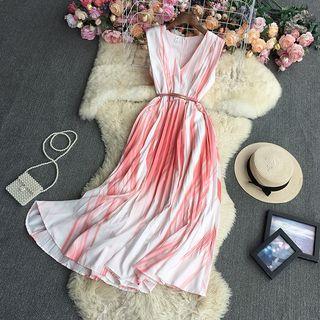 Sleeveless V-neck Two-tone Midi A-line Dress