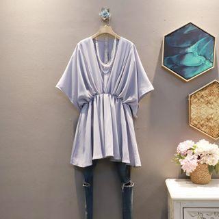 Batwing-sleeve V-neck Plain Dress