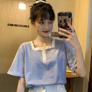 Elbow-sleeve Square-neck Striped T-shirt