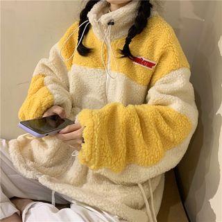 Faux Shearling Drawstring Color Panel Zip Jacket