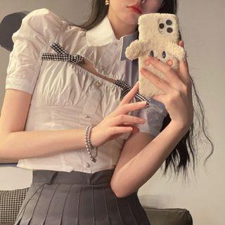 Puff-sleeve Shirred Cutout Shirt