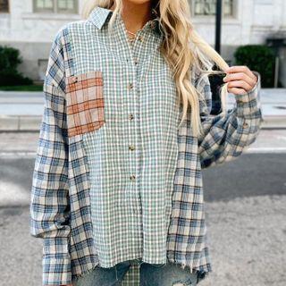 Long Sleeve Plaid Paneled Loose-fit Shirt