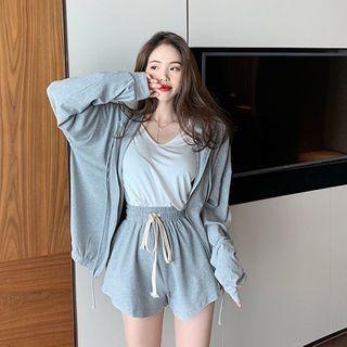 Set: Plain V-neck Short Sleeve T-shirt / Plain Zip Hoodie / Drawstring Waist Shorts