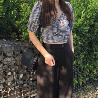 Puff-sleeve Gingham Shirred Blouse / High-waist Wide Leg Pants