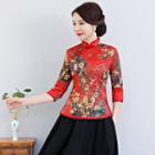 Flower Print 3/4-sleeve Hanfu Top / High Waist Midi A-line Skirt / Set