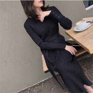 Long-sleeve Ribbed Knit Midi Dress