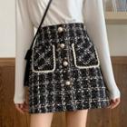 Faux Pearl Button-up Plaid Woolen Mini Skirt