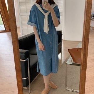 Set: Elbow-sleeve Denim Shirtdress + Shawl Almond Shawl & Shirtdress - Blue - One Size