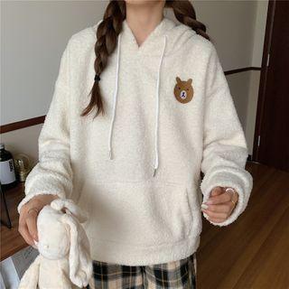 Bear Embroidered Fleece Hooded Top