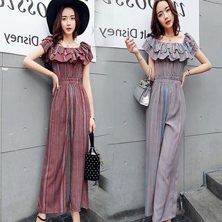 Ruffle Trim Striped Short Sleeve Jumpsuit