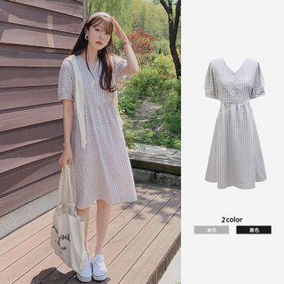 Elbow-sleeve V-neck Gingham A-line Dress
