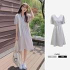 Elbow-sleeve V-neck Gingham A-line Dress