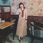 Floral Cardigan / Tiered Mesh Maxi A-line Skirt