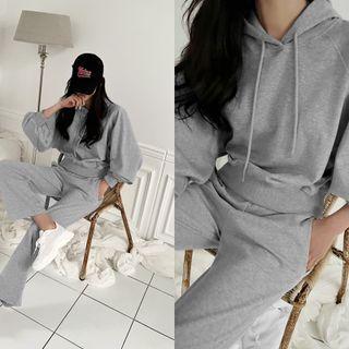 Set: Raglan-sleeve Hoodie + Straight-leg Pants Gray - One Size