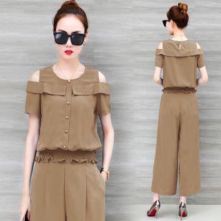 Set: Cold-shoulder Smocked Hem Blouse + Wide Leg Pants
