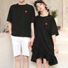 Couple Matching Heart Embroidered Short-sleeve T-shirt / Ruffle Hem T-shirt Dress / Plain Shorts