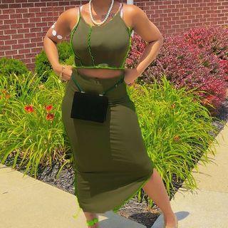 Set: Spaghetti Strap Contrast Trim Cropped Top + Midi Skirt