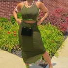 Set: Spaghetti Strap Contrast Trim Cropped Top + Midi Skirt