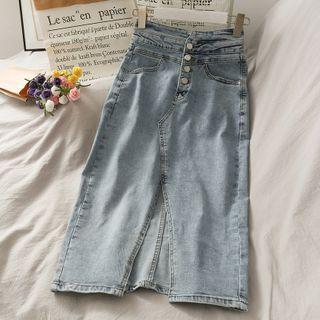 High-waist Slited Denim Midi Skirt