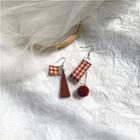 Non-matching Plaid Strap Wooden Triangle & Bobble Dangle Earring