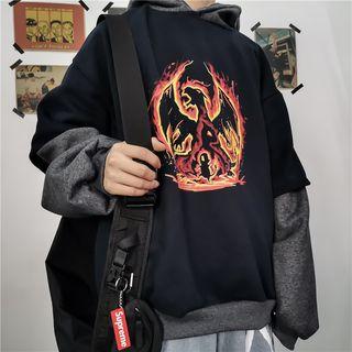 Mock Two-piece Printed Hoodie Navy Blue - One Size