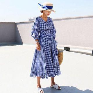 Gingham Balloon-sleeve Midi A-line Dress