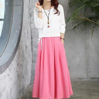 Set: Plain Long Sleeve Henley T-shirt + Plain Midi A-line Skirt