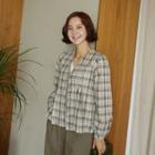 V-neck Button-up Plaid Blouse