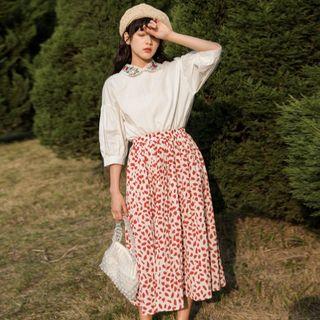 3/4-sleeve Embroidered Top / Patterned A-line Midi Skirt