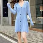 Long-sleeve Button-up Knit Dress Blue - One Size
