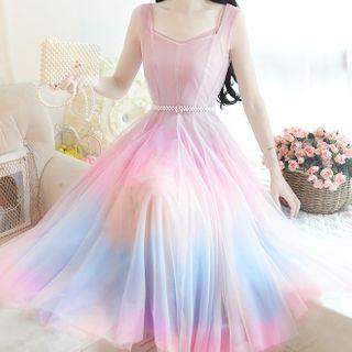 Sleeveless Embellished Mesh A-line Midi Dress