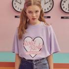 Heart-printed Letter T-shirt Lavender - One Size