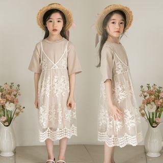 Family Matching Set: Short-sleeve T-shirt Dress + Embroidered Strappy Dress