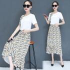 Set: Short-sleeve Asymmetrical Top + Floral Print A-line Midi Skirt