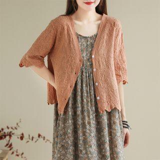 Elbow-sleeve Embroidered Button-up Top