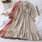 Ribbon-neckline Ruffled-trim Floral A-line Dress
