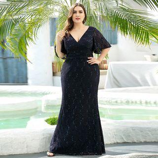 Elbow-sleeve Lace Midi Mermaid Dress