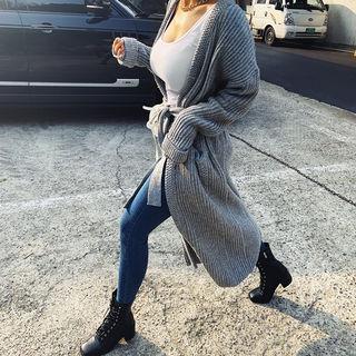 Open-front Ribbed Long Cardigan With Sash