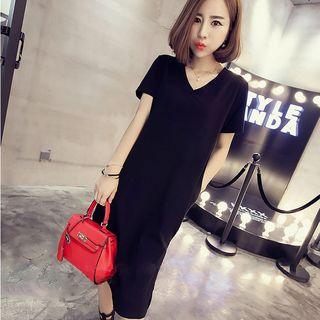 Plain Short Sleeve V-neck Side Slit T-shirt Dress