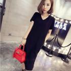 Plain Short Sleeve V-neck Side Slit T-shirt Dress