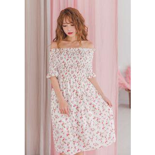 Off-shoulder Floral Print A-line Midi Dress