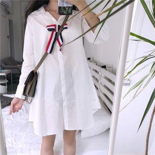 Long-sleeve Bow-accent Loose-fit Shirt White - One Size
