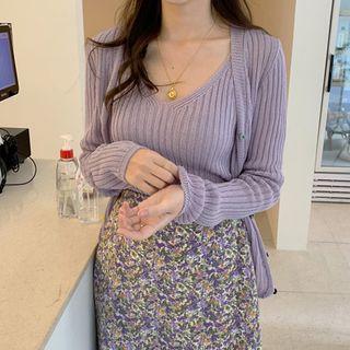 Set: Ribbed Slim-fit Cardigan + Sleeveless Top