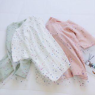 Short-sleeve Sequined Mesh Panel T-shirt