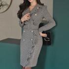 Long-sleeve Double-breasted Houndstooth Coat Dress
