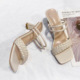 Woven Faux Leather Block Heel Sandals