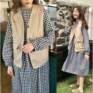 Plaid Long-sleeve Midi Dress / Pocketed V-neck Vest