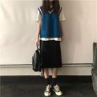 Color-block Knit Vest / Plain Loose-fit Short-sleeve T-shirt / Midi Skirt