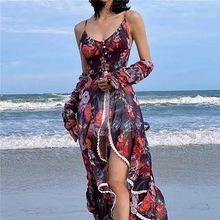 Set: Spaghetti Strap Floral Midi A-line Dress + Arm Sleeves