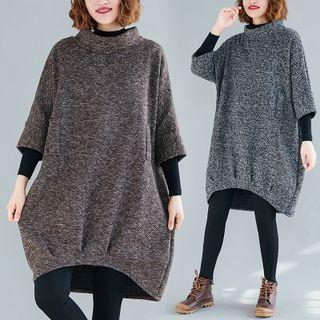 Elbow-sleeve Mock-neck Knit Shift Dress